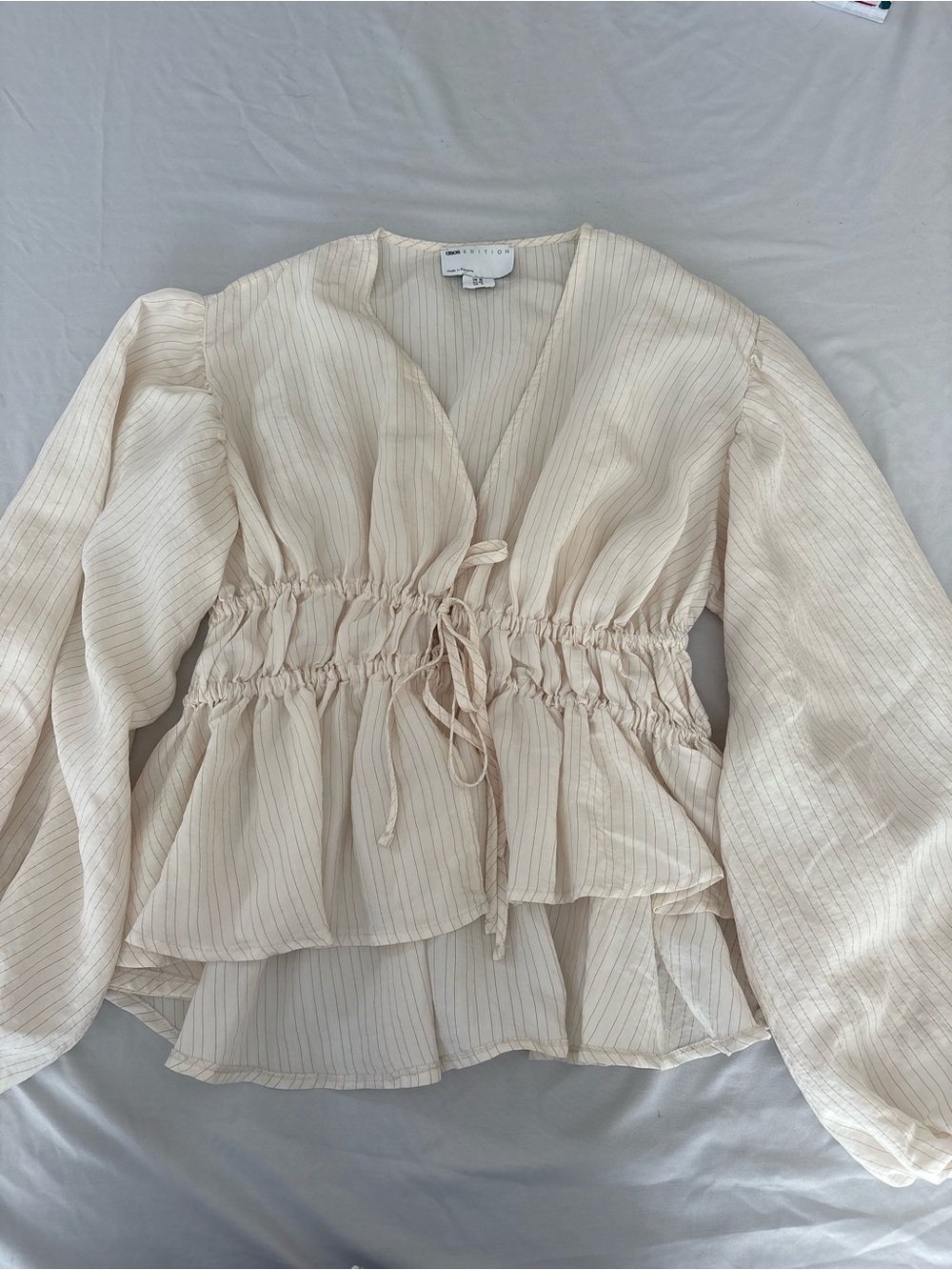 ASOS EDITION Volume Sleeve With Ruching Detail Pinstripe Drawstring Peplum Top